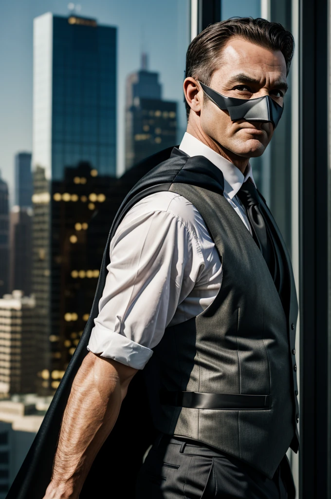 1Man, matured Male with Batman mask, vest, bow, photo, realistic, best quality, hires, detailed face, office, buildings from window, detailed background, diffused sunlight, depth of field, bokeh