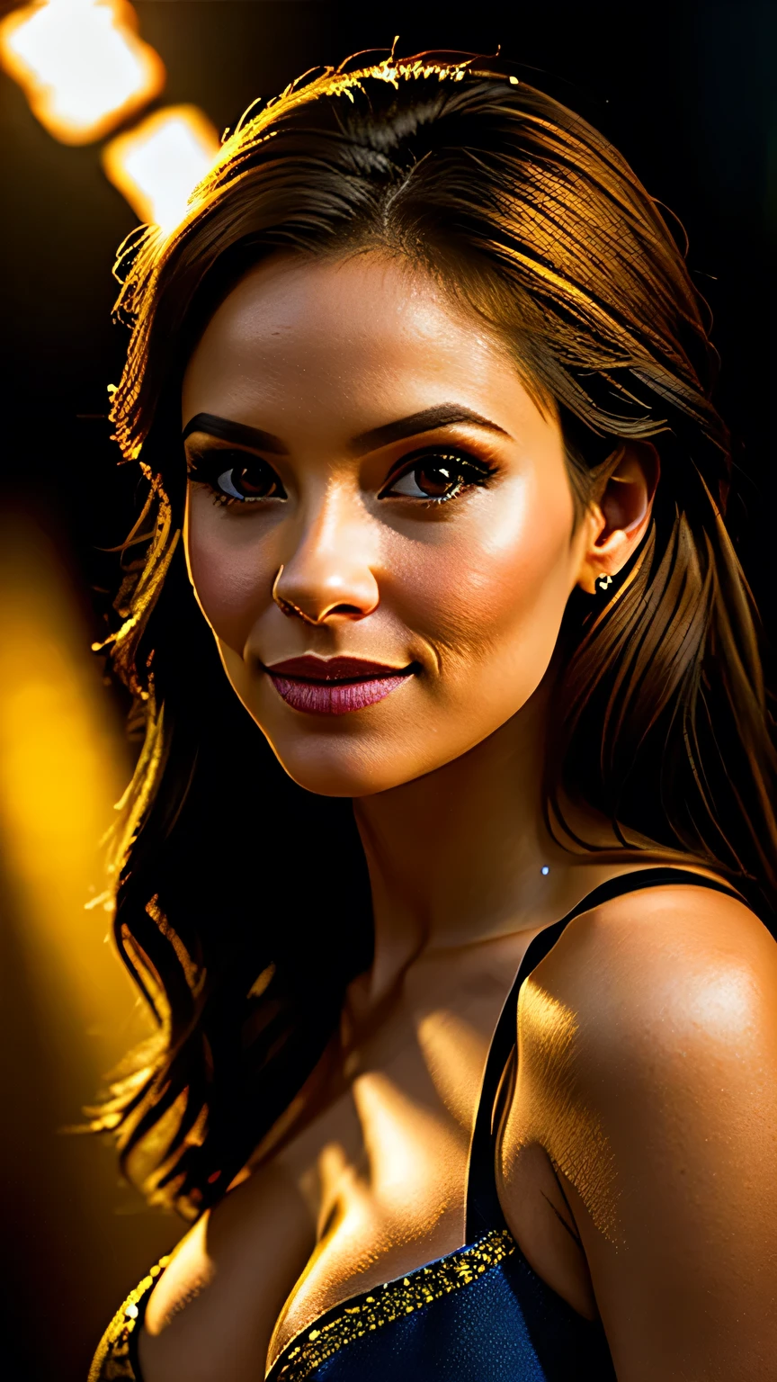 Studio Lighting,(Portraiture),(Vibrant colors),(Warm tones),(Soft moody lighting),(Sharp focus), stunning face, confident and provocative smile,Mysterious atmosphere,Dark and rough cave background, Big Tits, Ornate Assassin's Gear,Fierce and powerful stance,Shining Jewelry,Dramatic lighting to accentuate facial features,Subtle makeup,Faint signs of smoke or fog,Nighttime Settings,Faint moonlight shining in the background illuminates the scene.、masterpiece, 最high quality, high quality, High resolution, Blue and yellow clothes、((Pause_random))、((Upper body portrait))), Upper body portrait, Dark cave background,black garter set、