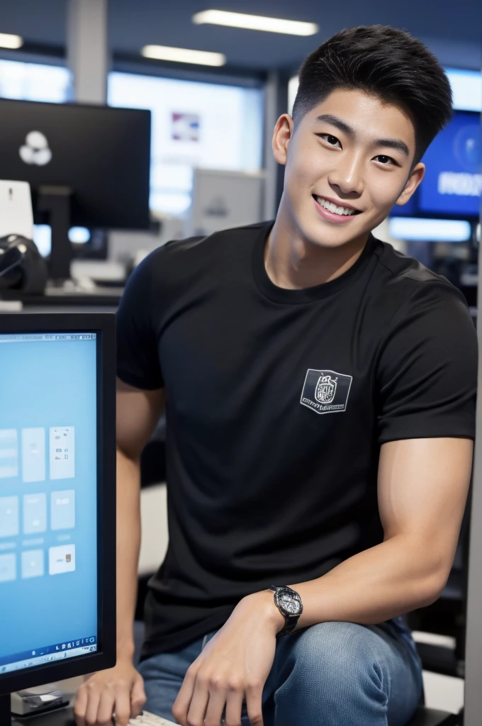((realistic daylight)) , Young Korean man in only a black sports shirt, no stripes, and jeans., A handsome, muscular young Asian man looks at the camera.  , In a computer shop ,turn sideways, smile