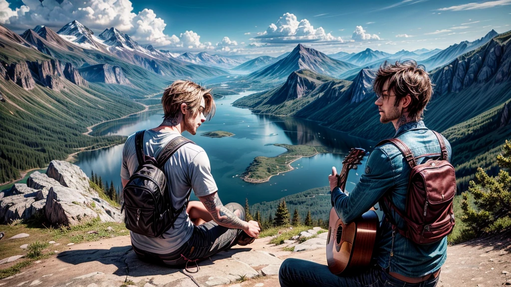 a man playing a guitar , on a mountain top, tattooed , wearing casual outfit, lake and mountains in front, blue sky , clouds , from the back , HD ,UHD , 8k ultra resolution