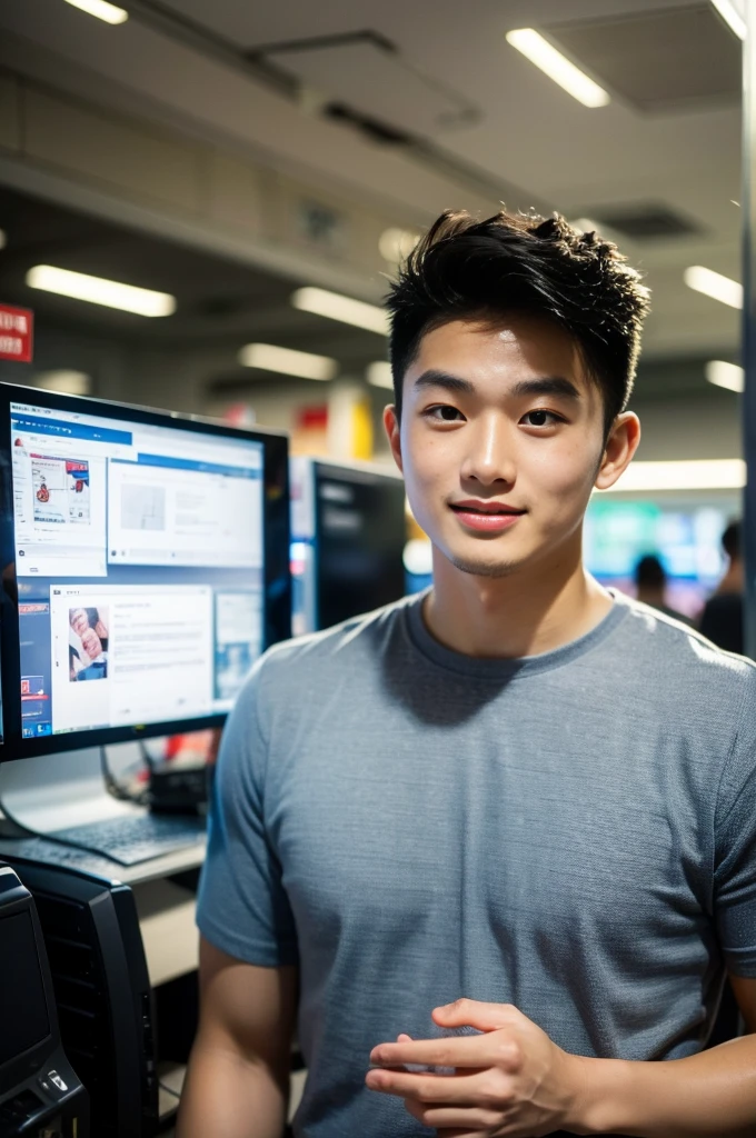 ((realistic daylight)) , Young Korean man in only a black sports shirt, no stripes, and jeans., A handsome, muscular young Asian man looks at the camera. , In a computer shop ,turn sideways, smile