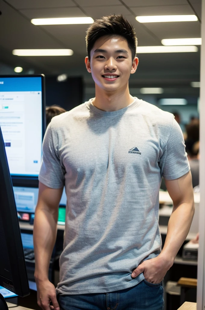 ((realistic daylight)) , Young Korean man in only a black sports shirt, no stripes, and jeans., A handsome, muscular young Asian man looks at the camera.  , In a computer shop ,turn sideways, smile