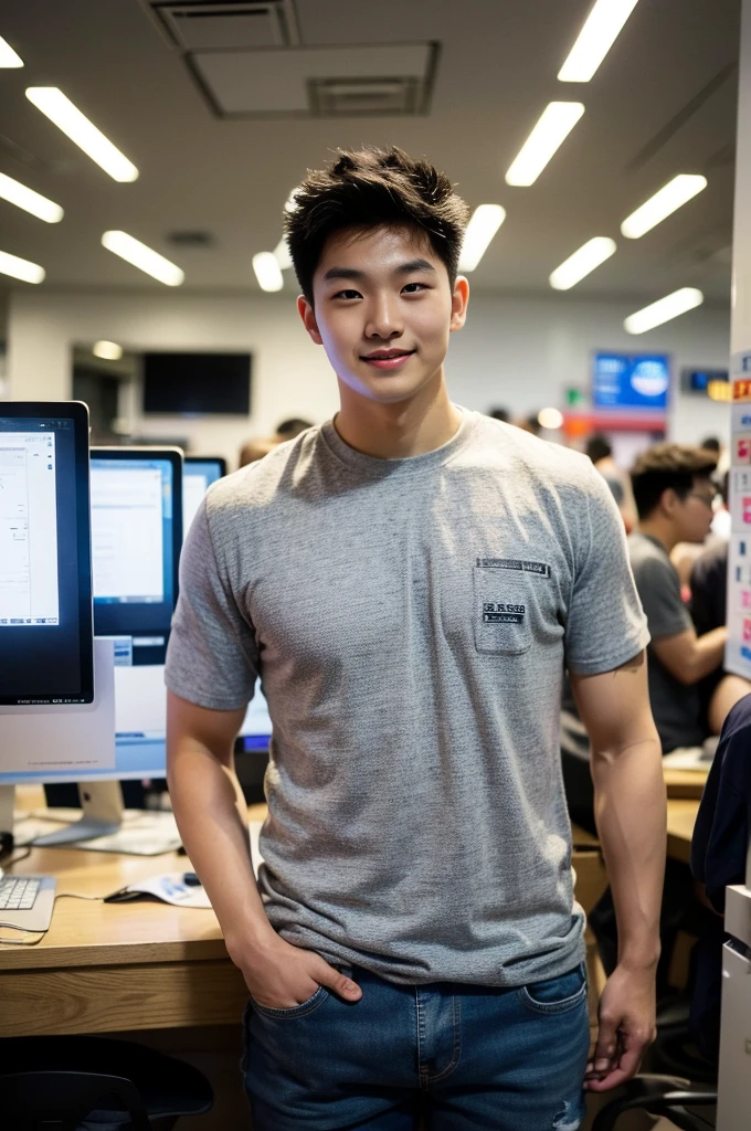 ((realistic daylight)) , Young Korean man in only a black sports shirt, no stripes, and jeans., A handsome, muscular young Asian man looks at the camera.  , In a computer shop ,turn sideways, smile