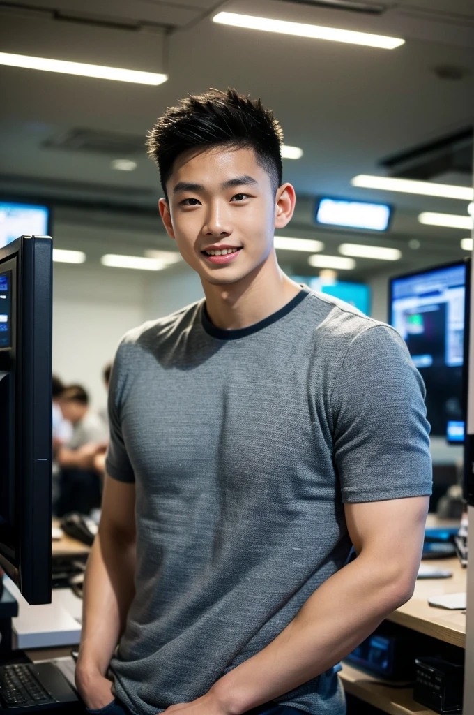 ((realistic daylight)) , Young Korean man in only a black sports shirt, no stripes, and jeans., A handsome, muscular young Asian man looks at the camera.  , In a computer shop ,turn sideways, smile