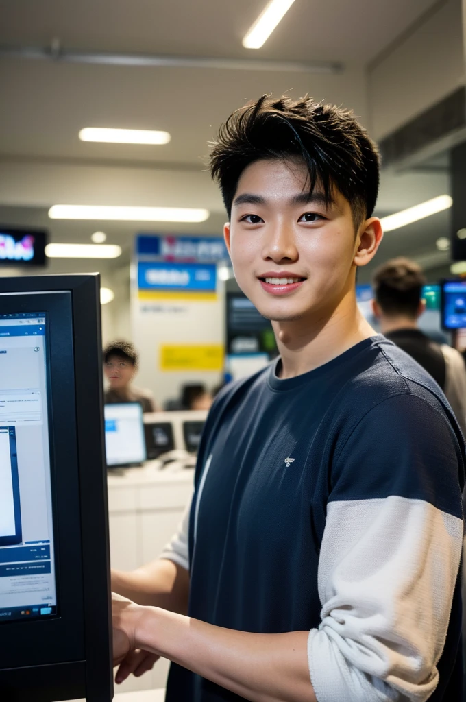 ((realistic daylight)) , Young Korean man in only a black sports shirt, no stripes, and jeans., A handsome, muscular young Asian man looks at the camera. , In a computer shop ,turn sideways, smile