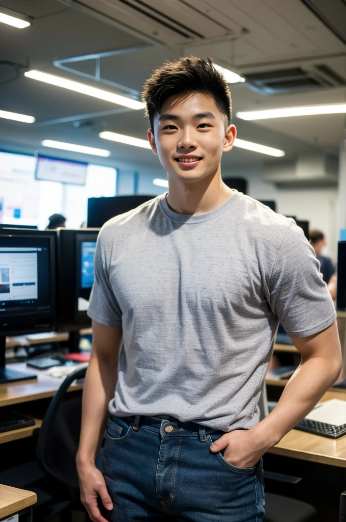 ((realistic daylight)) , Young Korean man in only a black sports shirt, no stripes, and jeans., A handsome, muscular young Asian man looks at the camera. , In a computer shop ,turn sideways, smile