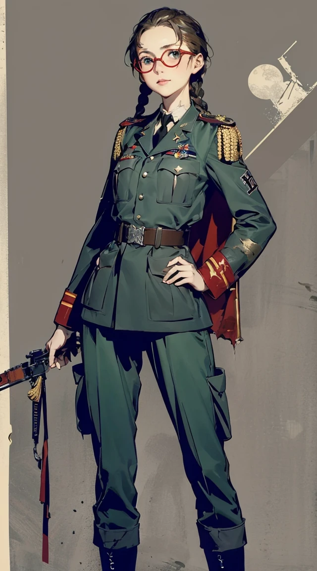 Modest outfit, remote shot, detailed beautiful delicate face, detailed beautiful delicate eyes, perfect facial proportions, high-definition skin, fine skin, four-inch best ratio. With one thumb, a masterpiece, highly detailed, realistic, (World War II German general uniform reference : 1.8), the highest face resolution, adult, modestly dressed woman, dressed entirely, ( small, black hair, black straight bangs, super fine braids, straight bangs, red glasses, dark green eyes), future, science fiction, fighter plane, standing On the landing of a fighter plane, the government agency, a deep intelligent personality, a calm expression, a respectful face, a war, a fighter plane  (La mejor calidad:1.1), (Obra maestra:1.4), (absurdos:1.0), retrato, primer plano,1girl, Marinero Urano, KizukiAi, Mujer madura, small breasts, aqua eyes, cabello rubio, Uniforme Sailor Senshi, Collar de marinero, arco de pecho, Arco trasero, Falda suplicante, Guantes blancos de codo, Acostado boca abajo, en el suelo, con el trasero en alto, mostrando el culo de espaldas, without looking back　masterpiece, Nikke, goddess of victory character, (battle android model), female character android, (wearing jacked with straps, cargo pants, military vest), (holding weapon), action pose, battle damage, (visible (damaged:1.5) electrical (android parts:1.3)), (wallpaper, screensaver)