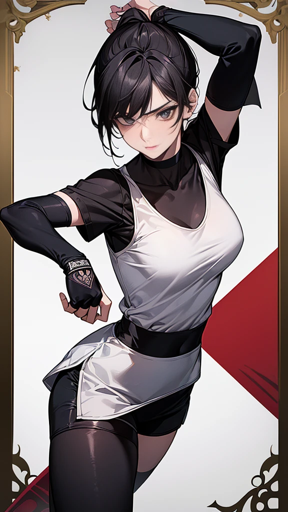 ((Highest quality)), ((masterpiece)), (detailed)　｛{{Slender female martial arts instructor}}｝　side　Shorts　{{Décolletage}}　{{White short-sleeved T-shirt with long length}}　Mature Woman　((Combat Stance))　Long fingerless gloves　Black tights　{{Inside the dojo}}　Black Hair　Long-haired ponytail　((Leggings with integrated shorts))　clavicle　choker