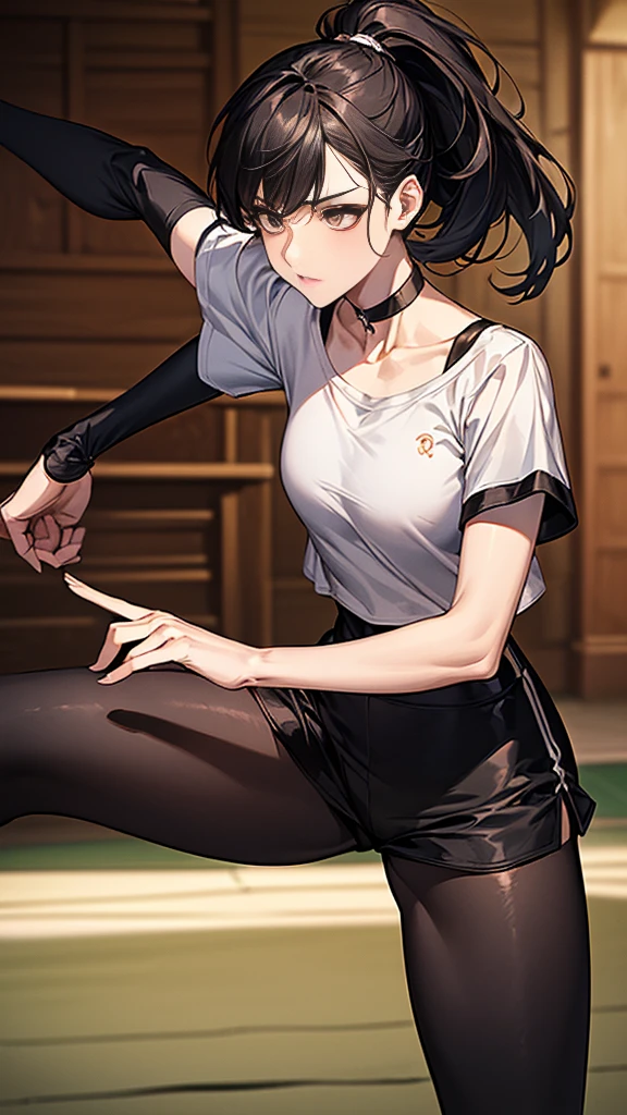((Highest quality)), ((masterpiece)), (detailed)　｛{{Slender female martial arts instructor}}｝　side　Shorts　{{Décolletage}}　{{White short-sleeved T-shirt with long length}}　Mature Woman　((Combat Stance))　Long fingerless gloves　Black tights　{{Inside the dojo}}　Black Hair　Long-haired ponytail　((Leggings with integrated shorts))　clavicle　choker