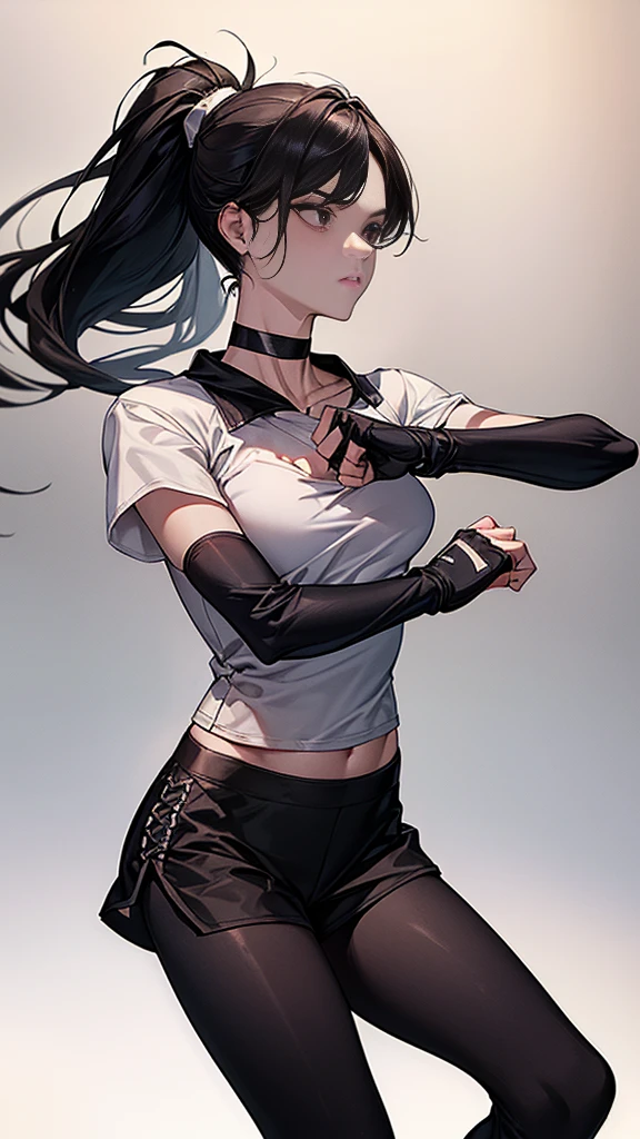 ((Highest quality)), ((masterpiece)), (detailed) {{{Slender female martial arts instructor}}} side Shorts {{Décolletage}} {{White short-sleeved T-shirt with long length}} Mature Woman ((Combat Stance)) Long fingerless gloves Black tights {{Inside the dojo}} Black Hair Long-haired ponytail ((Leggings with integrated shorts)) clavicle choker