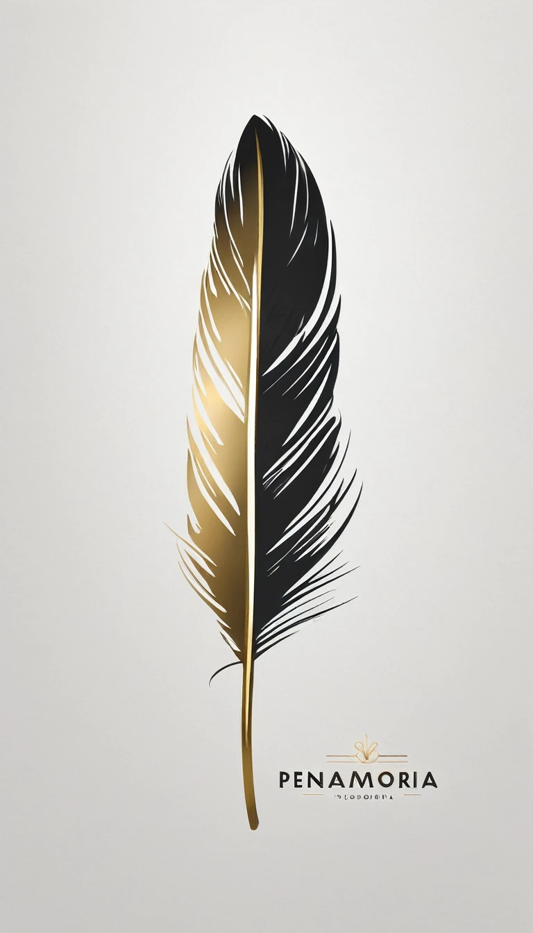 A minimal, modern, simple, cinematic logotype for the brand “Penamemoria". The logotype must be a simple, magical feather. The logo must convey a sense of music, stories and dreams. Logo design impressed on a book cover. Minimalistic logo