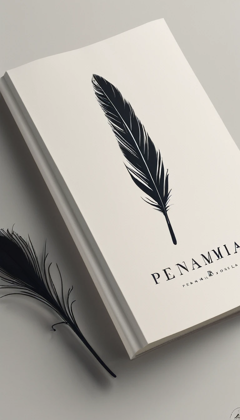 A minimal, modern, simple, cinematic logotype for the brand “Penamemoria". The logotype must be a simple, magical feather. The logo must convey a sense of music, stories and dreams. Logo design impressed on a book cover. Minimalistic logo