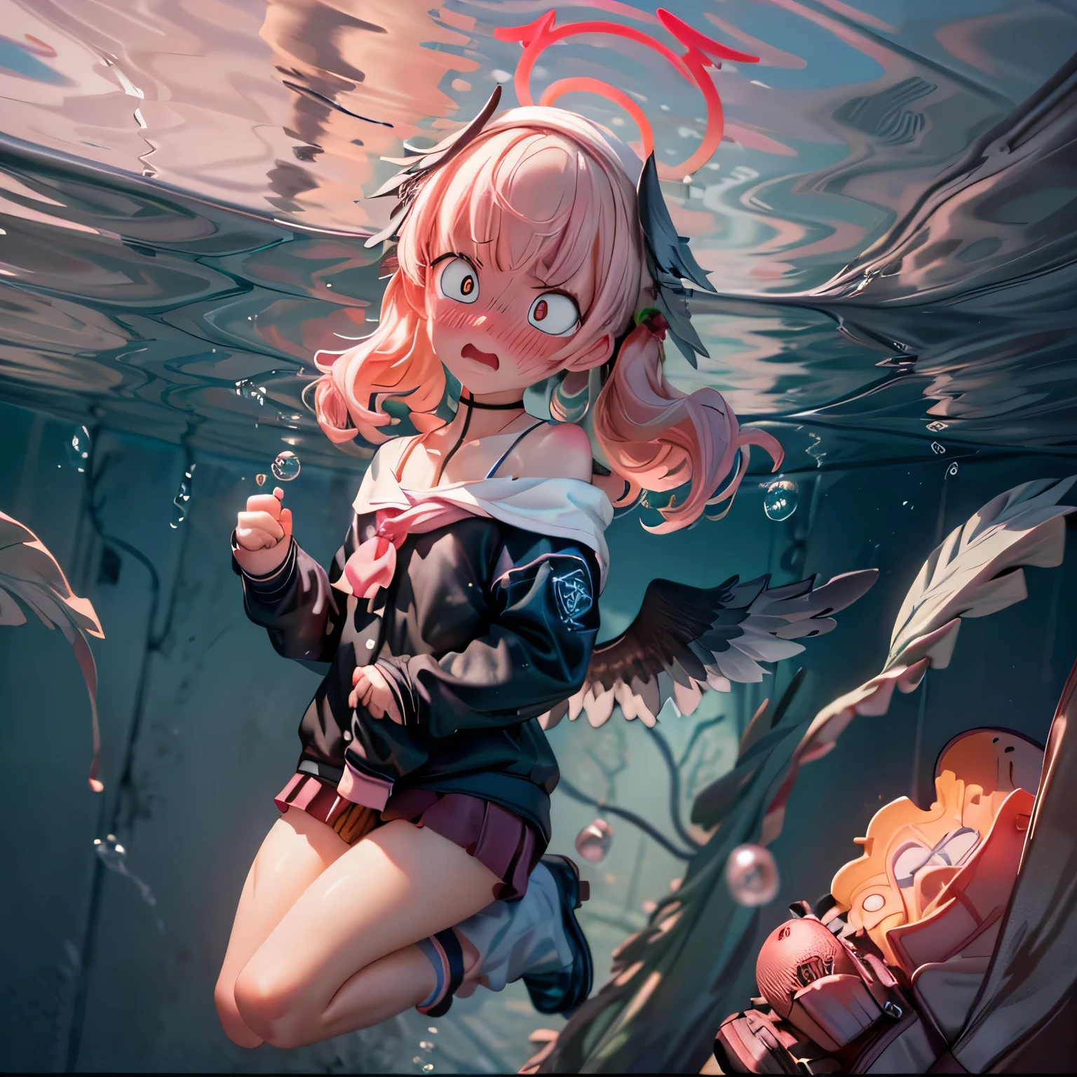 underwater, solo, 
masterpiece, best quality, super detail, ultra realistic, anatomically correct, submerged portraits, fantastic art photography, light leak effect, depth of fields, god rays, backlighting, 

pink hair, low twintails, black head wings, black low wings, 
off shoulder, collarbone, (school uniform), halo, 
snake pupils, wavy_mouth, embarrassed, nose_blush, 

((jumping)), 

(looking up),open mouth,
bend knees,


seabed,cage,
ground is deep hole, 
ceiling is water surface,
low angle shot,

blowing in the wind, 
(blow bubbles from mouth),

(from back),(full body),focus on knees