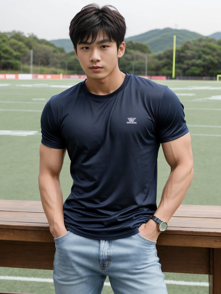 独奏: 1.5, (As a matter of fact, Masterpiece, 8k HD, good light quality, sportswear, fit the face, complicated details), A handsome, muscular young Korean man sits at a table, with muscular arms. , 20 years old, be happy, detailed face, delicate eyes, look at the sky, Wear a tight blue t-shirt.:1.6 , jeans period, black eyes, Black hair color, ผมsmooth, smooth,Surreal,Superb details,Highest quality,real,Open your mouth to talk. , Close your eyes., (standing in the football field:1.1)