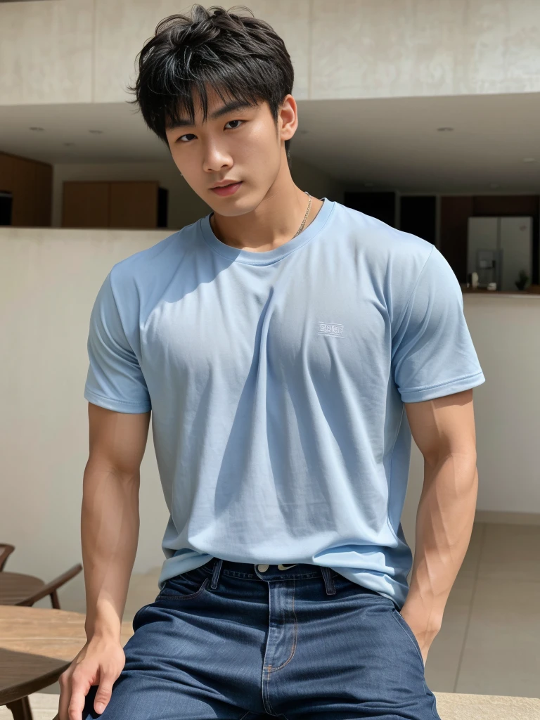 独奏: 1.5, (As a matter of fact, Masterpiece, 8k HD, good light quality, sportswear, fit the face, complicated details), A handsome, muscular young Korean man sits at a table, with muscular arms. , 20 years old, be happy, detailed face, delicate eyes, look at the sky, Wear a tight blue t-shirt.:1.6 , jeans period, black eyes, Black hair color, ผมsmooth, smooth，Surreal，Superb details，Highest quality，real，Open your mouth to talk. , Close your eyes., (standing in the football field:1.1)