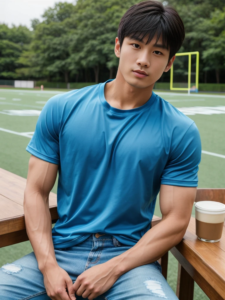 NSFW : 独奏: 1.5, (As a matter of fact, Masterpiece, 8k HD, good light quality, sportswear, fit the face, complicated details), A handsome, muscular young Korean man sits at a table, with muscular arms. , 20 years old, be happy, detailed face, delicate eyes, look at the sky, Wear a tight blue t-shirt.:1.6 , jeans period, black eyes, Black hair color, ผมsmooth, smooth，Surreal，Superb details，Highest quality，real，Open your mouth to talk. , Close your eyes., (standing in the football field:1.1)