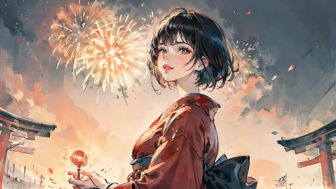 (((beautiful girl))), (((red cheek))),(((Pixie Cut))) ,(((Chuckle-Smile))),(((torii))), (((shoot from below))),(((from side))),(((Gazing Skyward))),(((night))),(((Huge fireworks))), (Lips are red:1.5),20-year-old, Watercolor, masterpiece, Highest quality, Very delicate and beautiful girl,Very delicate and beautiful, world masterpiece theater, Super detailed, Very detailedな, Highest quality,(((fancy red kimono)))。 (((Black Hair))), (((Black Hair))), (((Black Hair))), (((Upper Body))), (((Upper Body))), (((Upper Body))), (((Upper Body))), (((Upper Body))), (((Upper Body))), High resolution, Very detailed,5 girls, Highest quality, figure, masterpiece, Highest quality, Accuracy, A woman in her twenties from the late Edo period, He has a modern anime-like face.
