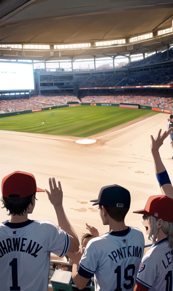 Five people celebrating a point scored at a baseball stadium
