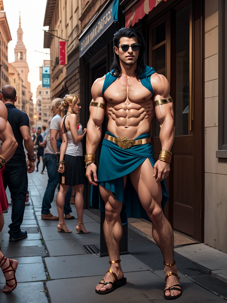 Man with black hair and dark glasses wearing a modern Roman empire costume. Gold bracelets and a strappy skirt. Muscular and with sandals. In the background a great Roman empire.