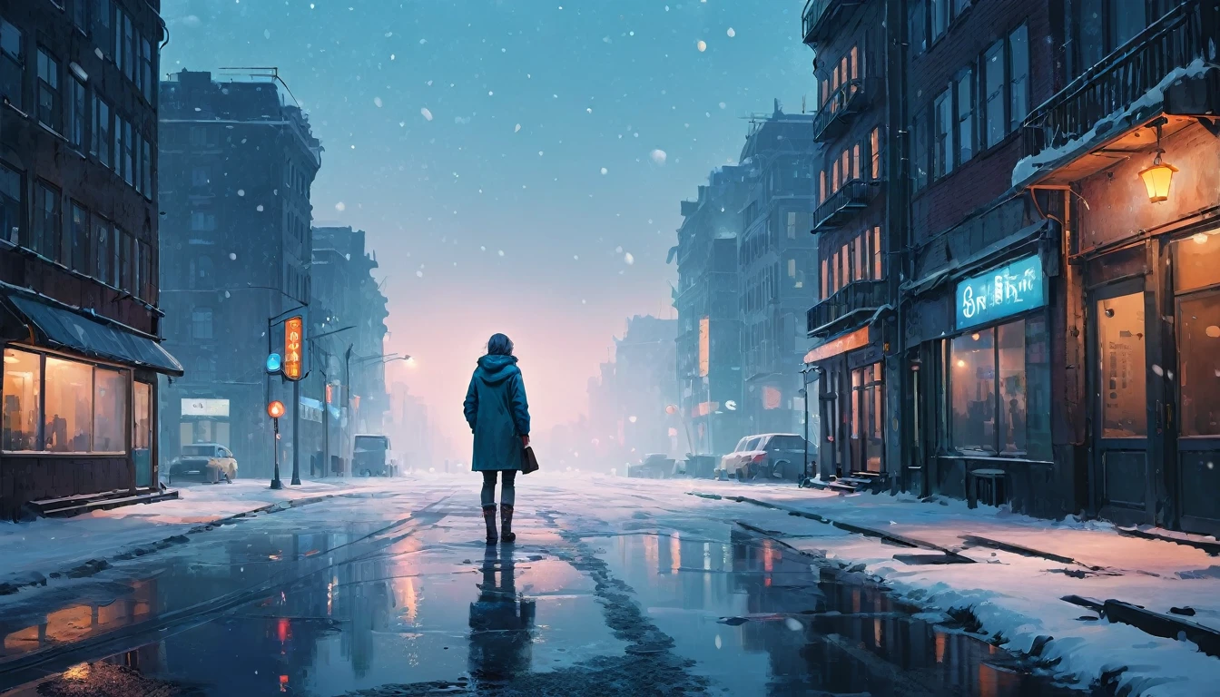 side angle shot of a person standing on in a city, snow everywhere, expansive, long shot, aesthetic photography, low brightness, dim, blue color pallette, snow particles, bokeh, wallpaper, highest quality, masterpiece, high definition painterly textures, inspired by artstation art and Simon Stalenhag's oil paint artstyle. Somber, highly detailed, absolutely breathtaking, dynamic angle, dutch angle, 
