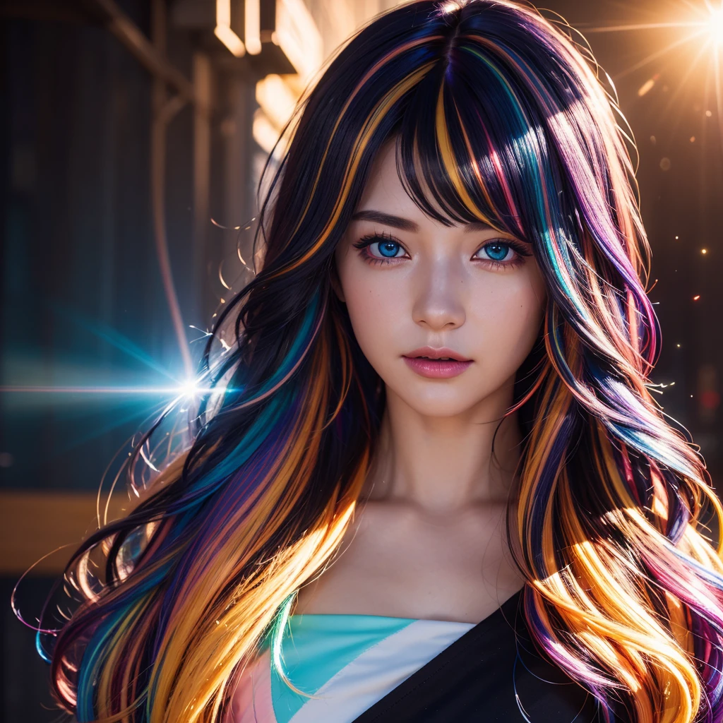 {{masterpiece}}, highest quality, Highly detailed CG Unity 8K wallpaper, cinematic lighting, Lens flare, beautiful detailed eyes, black, side line, multi-colored hair, colorful light, particle, heterochromia, (colorful:1.5), (colorful hair:1.5),
