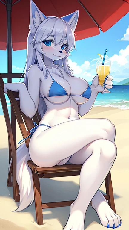 best quality, best resolution, (fluffy anthro furry), arctic fox girl, silver hair, blue eyes, (white fur), long straight hair, fox ears, big breast, sophisticated manner, (royal blue bikini), sitting on beach chair, legs crossed, sipping on lemonade, left hand placed on top of leg, under umbrella,