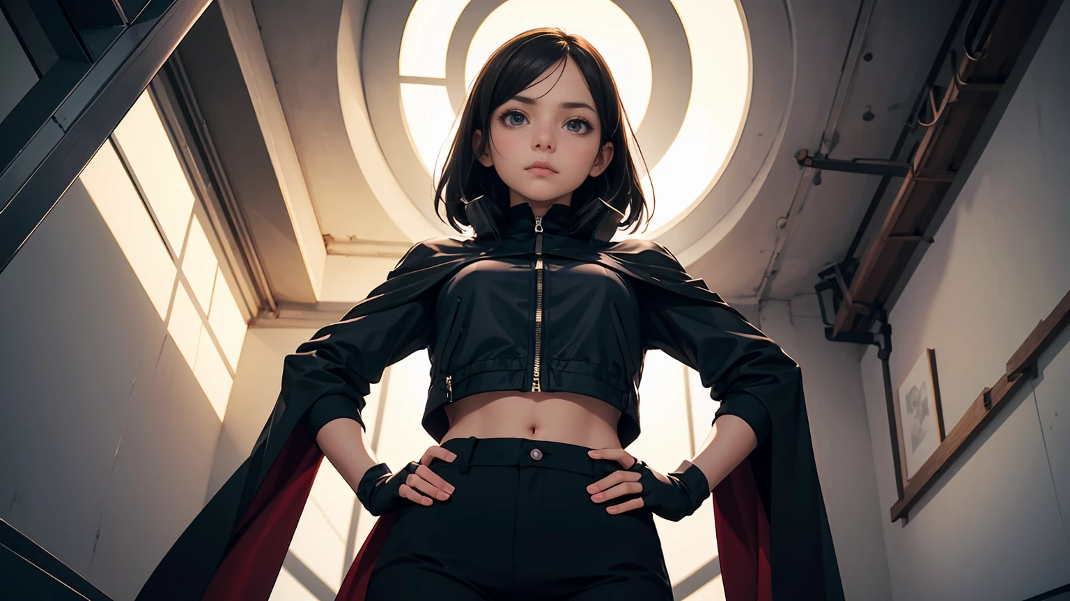 (masterpiece, best quality:1.2), from below, solo, 1girl, ozen, expressionless, closed mouth, looking at viewer, hands on hips, black jacket, cape, black pants, black gloves