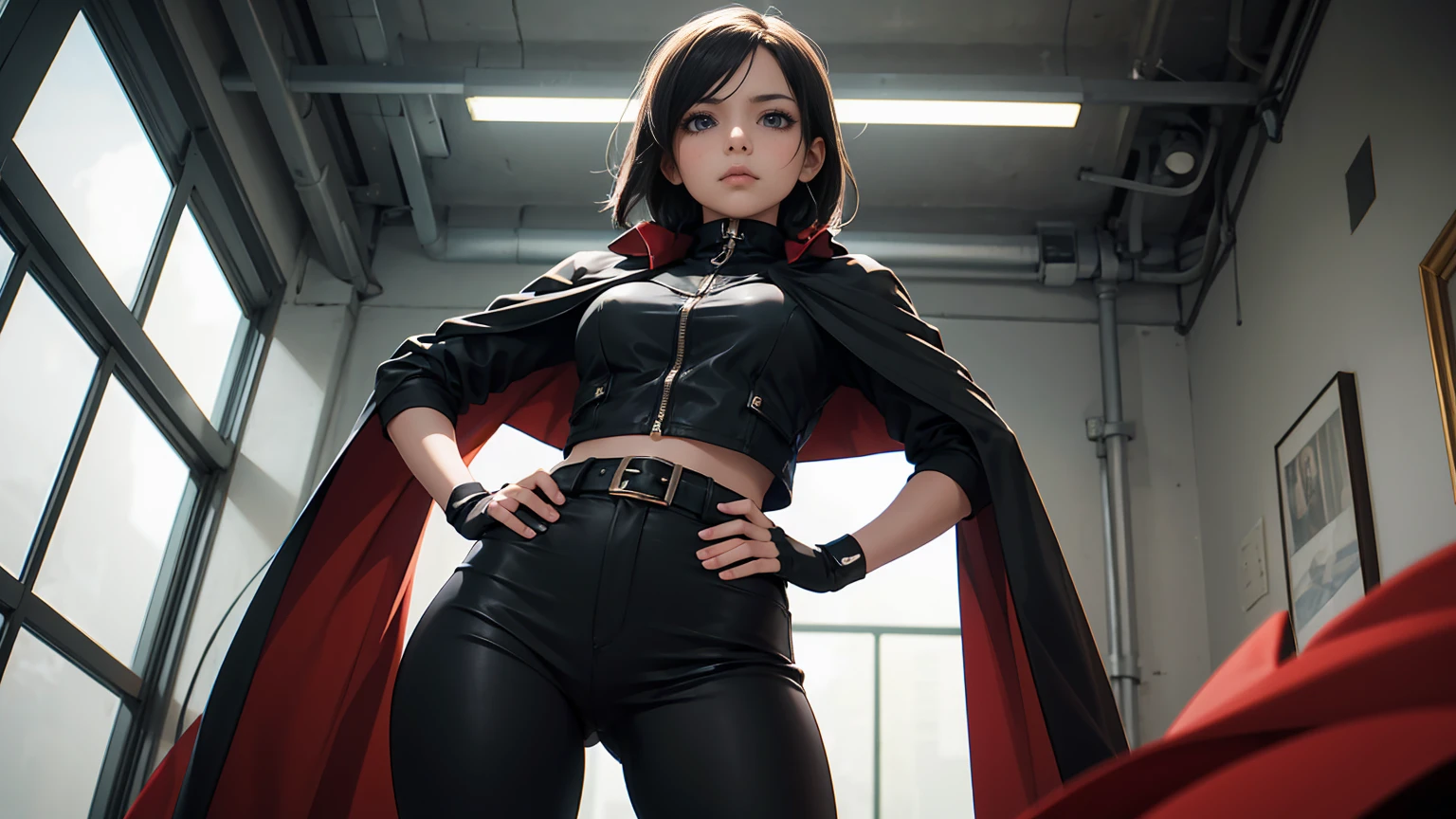 Wide angle, beautiful female fighter, wearing large glasses, black undercut hair, large steel knuckles