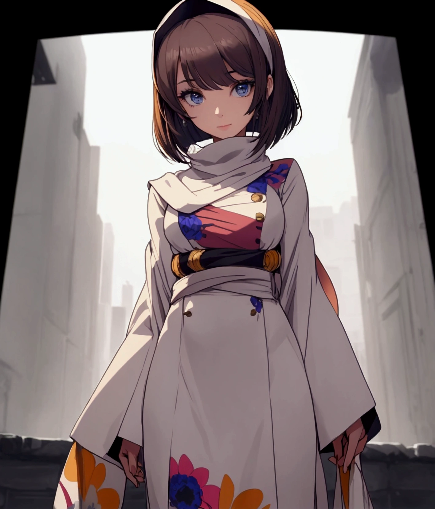 masterpiece), best quality, high resolution 3girl bob cut medium hair standing alone cowl headband profile image looking at viewer beautiful eyes beautiful face extremely detailed