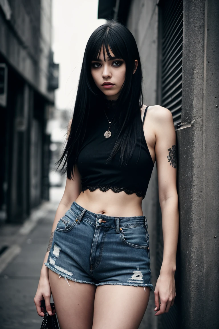 a beautiful 18 year old slim and sexy woman, emo girl, black dress, denim shorts, detailed face, long eyelashes, intricate makeup, moody expression, dark aesthetic, dramatic lighting, cinematic composition, muted color palette, dramatic shadows, grungy urban environment