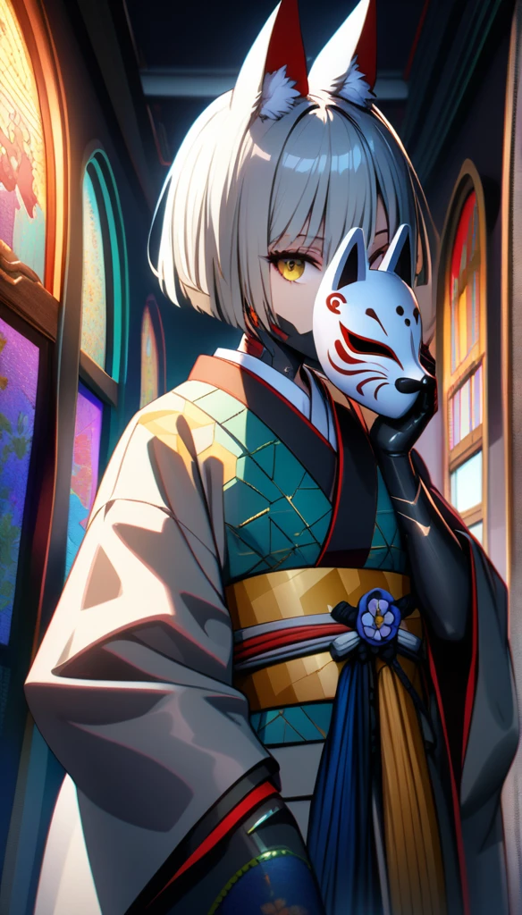 32k, best quality, ultra high res, HDR, UHD, extremely detailed CG, unity 32k wallpaper, a colorful Japanese animation style of a man with short bang hair holding a half-removed fox mask in his hand. The fox mask is golden and designed to cover the upper half of her face. He is dressed in a kimono with cyberpunk elements integrated into the design. His right hand is near his mouth, The background features a stained glass pattern with traditional Japanese motifs.