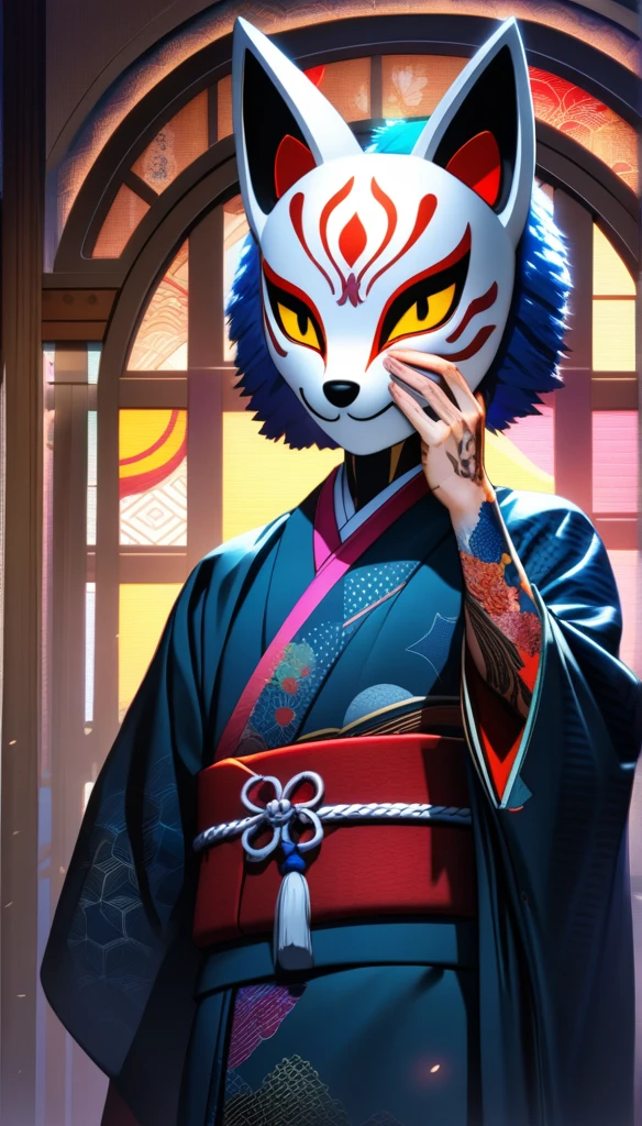 32k, best quality, ultra high res, HDR, UHD, extremely detailed CG, unity 32k wallpaper, a colorful Japanese animation style of a man with short bang hair holding a half-removed fox mask in his hand. The fox mask is golden and designed to cover the upper half of her face. He is dressed in a kimono with cyberpunk elements integrated into the design. His right hand is near his mouth, The background features a stained glass pattern with traditional Japanese motifs.