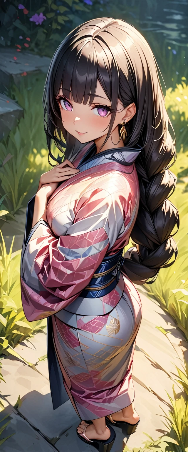 (Perfect Anatomy)、Mastepiece、Ultra High Quality、 8k、masterpiece、Highest quality、Ultra-high resolution、Maximum resolution、Very detailed、Professional Lighting、anime、Adult female、thin、so beautiful、Highly detailed eye、Highly detailed face、Golden earrings、Black Hair,、Pink eyes、Kimono with a beautiful pattern、Gorgeous kimono、kimono、、tabi、Sandals、bag、grassland、Braiding、Straight bangs, full body, standing, hands on own chest, hands on own face