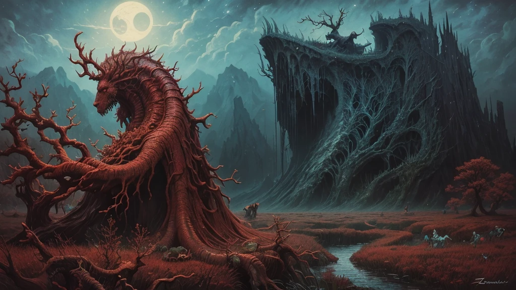 Zdzislaw Beksinski และ album cover, Horizontal image ,Echoes of Fury,Mythical creatures, Author:Sislav Beczinski and Vincent Van Gogh, album cover, romantic, Surrealism, of the future ,微笑むredちゃん, coral, Wizard, dark, red