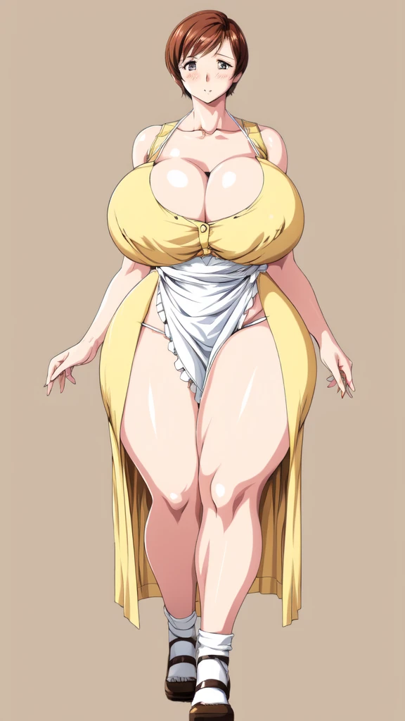 masterpiece, highest quality, High resolution, One girl, solo, sexual intercourse, Pornographic images, short hair, etsukoto, brown Eyes, fine grain, fine grain, long legs, (((Thick thighs, Plump thighs, Voluptuous thighs, Thighs alone are enough))), Huge and ample breasts, Cleavage, big long breasts, Naughty big,((big breasts are important))、((Naughty thighs)), L Cup, (thin:1.4),(Tight waist:1.4), (yellow dress:1.4),((waist apron)), white panty, (((Simple Background))), ((Wide Hips)), Shiny, Oily skin, Mature mother, Calf, Seductive mature woman, milf, Perfect body, Plus Size Model, curvy, ample, etsukoto, blush, clavicle, retro artstyle, 1990s (style), (thick thighs:1.4), bursting breasts, full body,