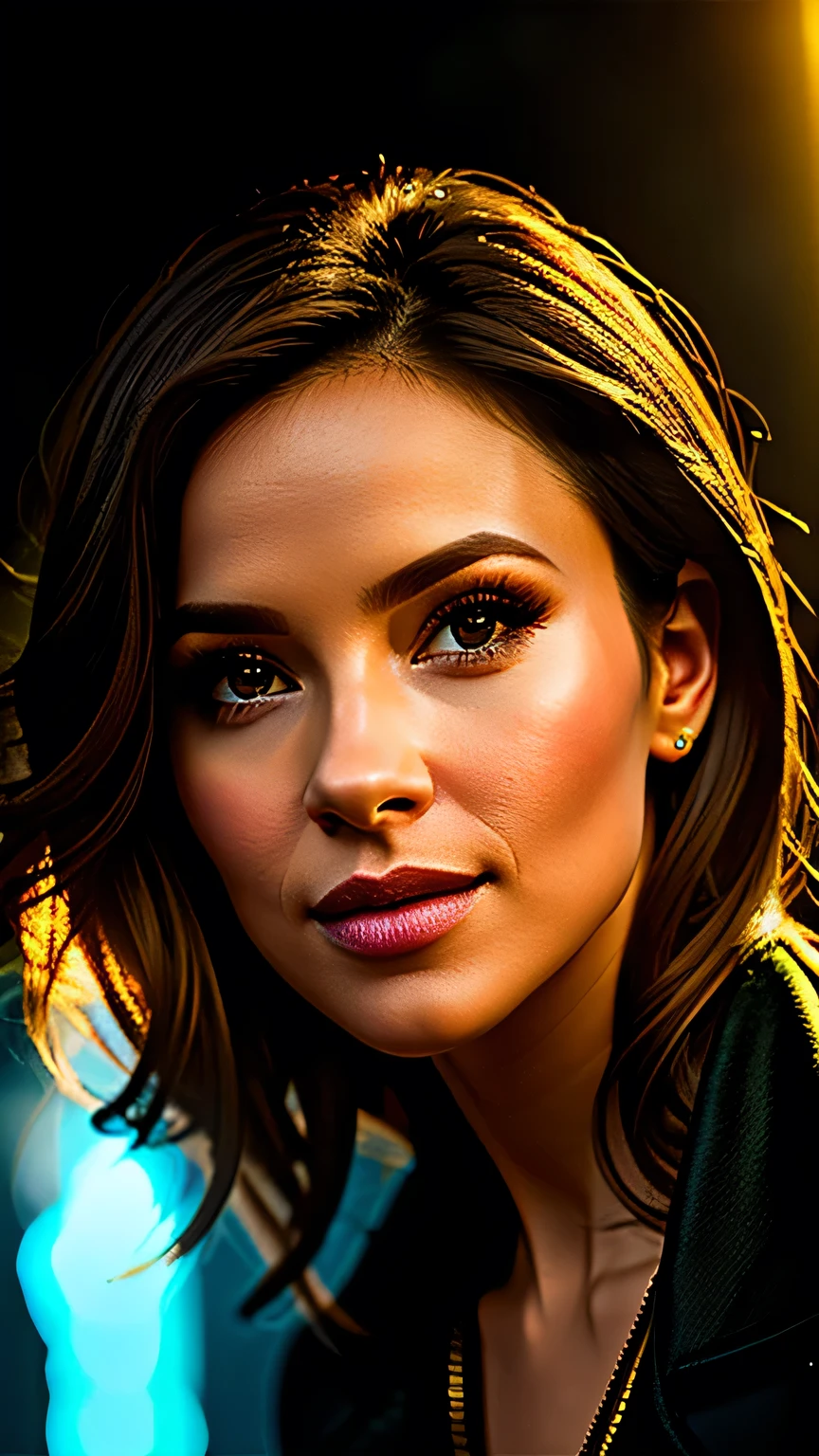 Studio Lighting,(Portraiture),(Vibrant colors),(Warm tones),(Soft moody lighting),(Sharp focus), stunning face, confident and provocative smile,Mysterious atmosphere,Dark and rough cave background, Big Tits, Ornate Assassin's Gear,Fierce and powerful stance,Shining Jewelry,Dramatic lighting to accentuate facial features,Subtle makeup,Faint signs of smoke or fog,Nighttime Settings,Faint moonlight shining in the background illuminates the scene.、masterpiece, 最high quality, high quality, High resolution, Blue and yellow clothes、((Pause_random))、((Upper body portrait))), Upper body portrait, Dark cave background,black garter set、