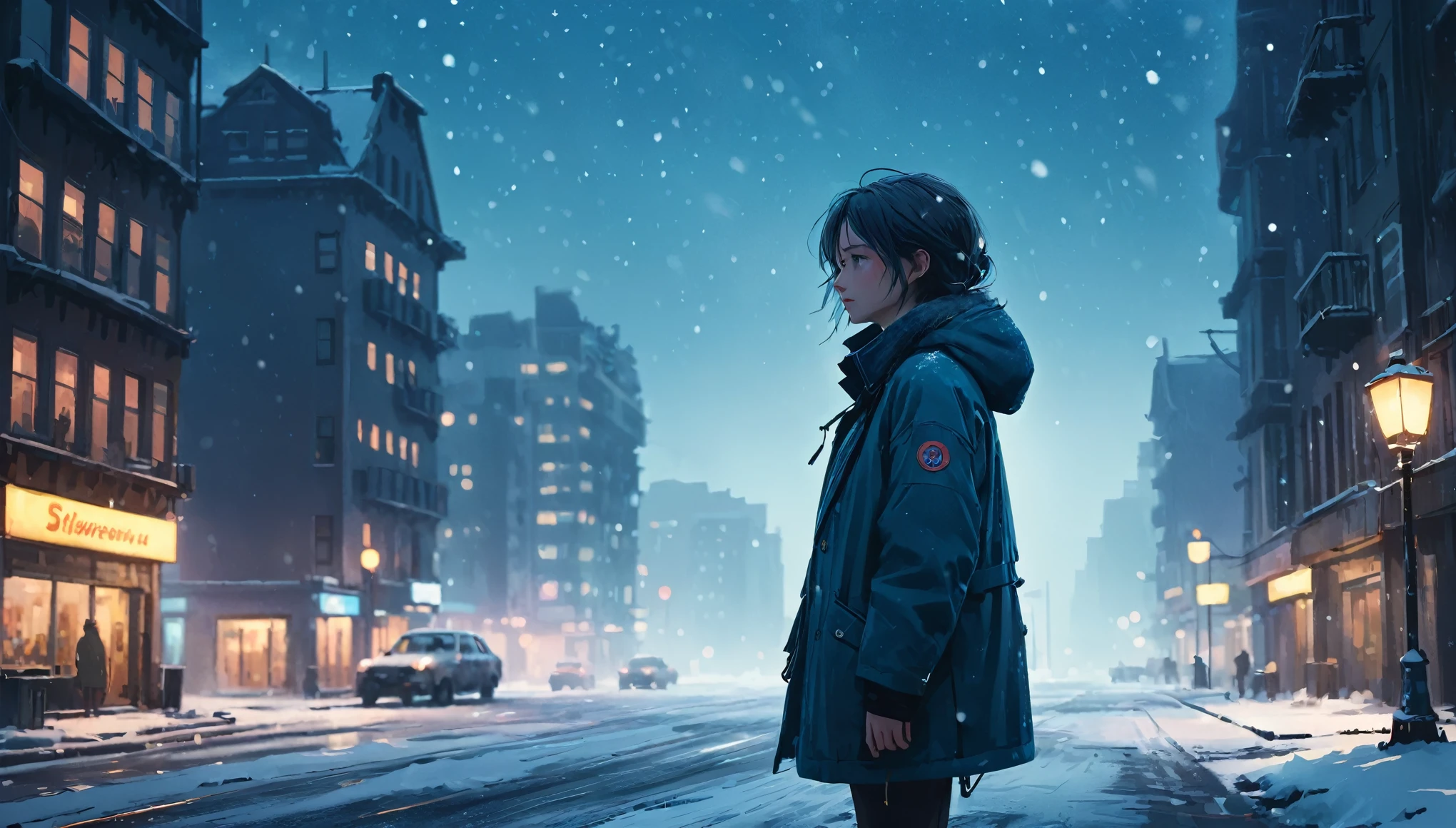 side angle shot of a person standing on in a city, snow everywhere, expansive, long shot, aesthetic photography, low brightness, dim, blue color pallette, snow particles, bokeh, wallpaper, highest quality, masterpiece, high definition painterly textures, inspired by artstation art and Simon Stalenhag's oil paint artstyle. Somber, highly detailed, absolutely breathtaking, dynamic angle, dutch angle, 
