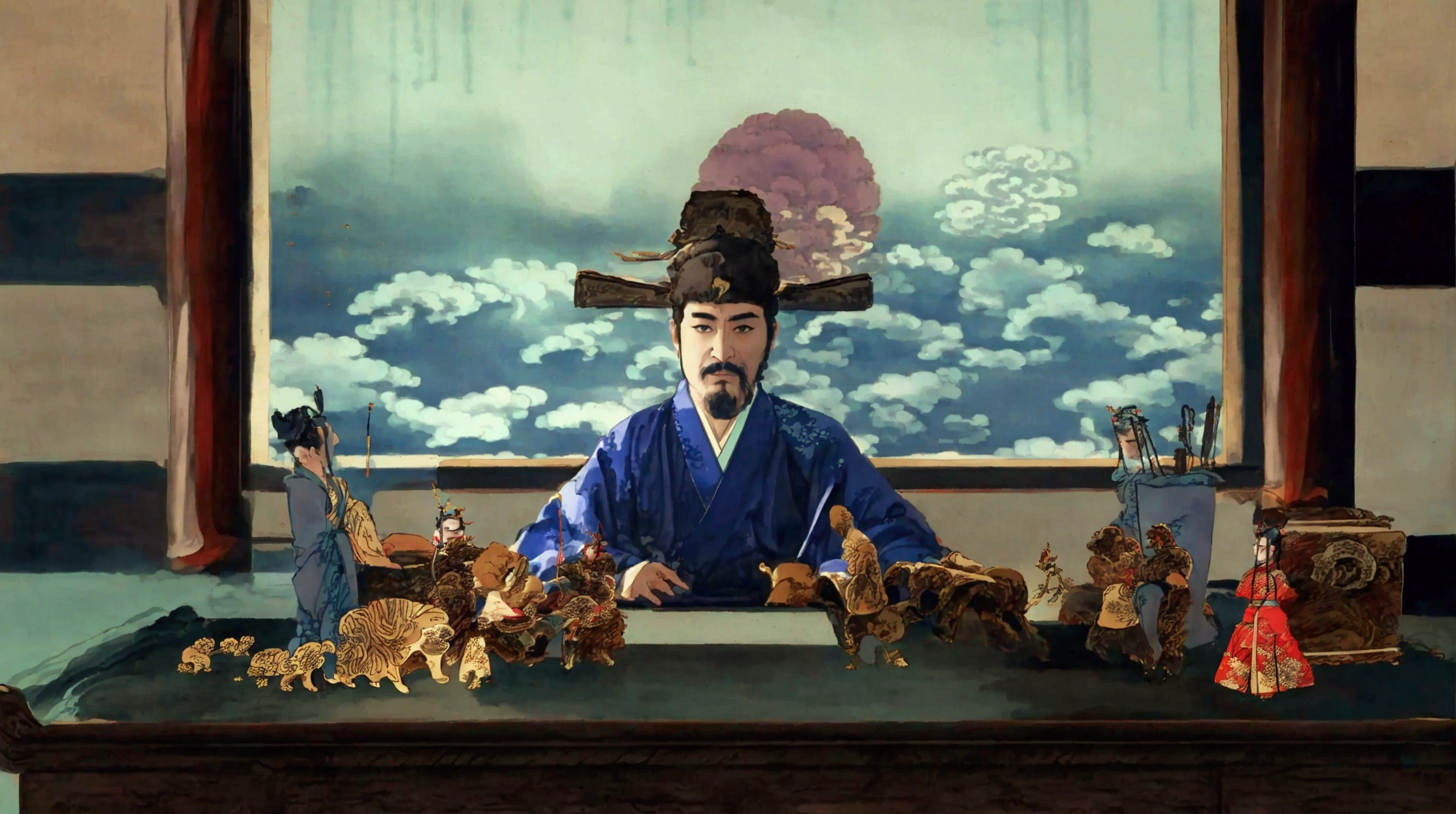 Arav man in blue kimono sitting at the table,There are many small statues on the table, from three kingdoms, inspired Emperor Xuande, Korean Artist, Yoshitoshi Abe (Yoshitoshi Abe) of inspiration, Korean mythology, daoshi, feudal japan art, Zheng Shangxiu, Hong Soon-sang, drama, from me, Emperor Xuande, Promotional image