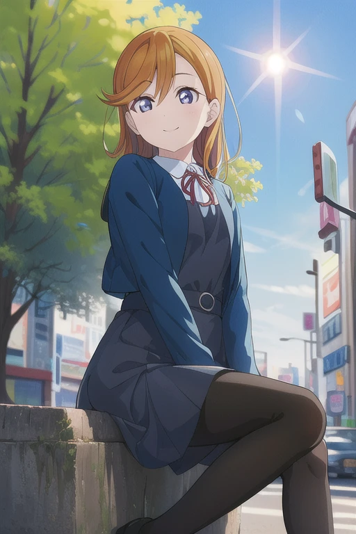 (Highest quality, masterpiece:1.2), One girl, alone, (whole body:1.2),  Light on the face, blue sky, sunlight, Lens flare, smile, View your viewers, Open your mouth, Sitting, From below, spring,
 Shibuya Kanon,