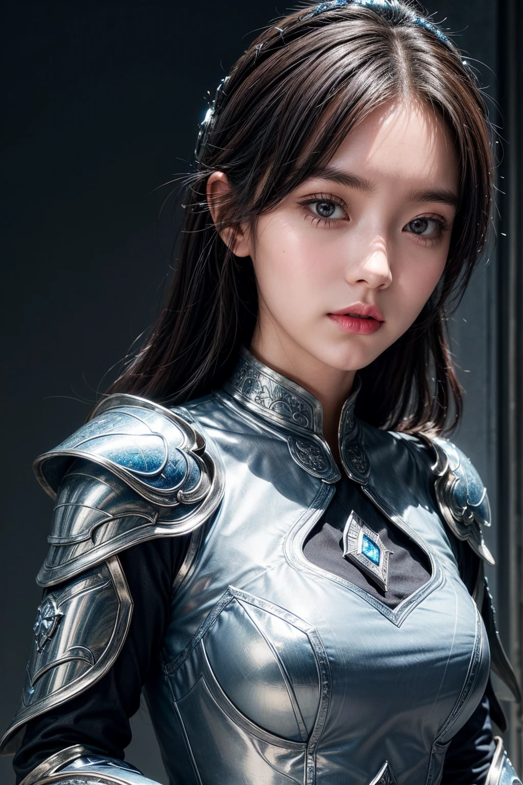 Close up of woman in silver and blue dress, Pan Chengwei on artstation, author：Yang J, Detailed fantasy art, Stunning character art, Fan Art Best Artstation, Epic and beautiful character art, Beautiful armor, Extremely detailed Artgerm, Detailed digital anime art, artstation pixiv download artgerm, Armor Girl