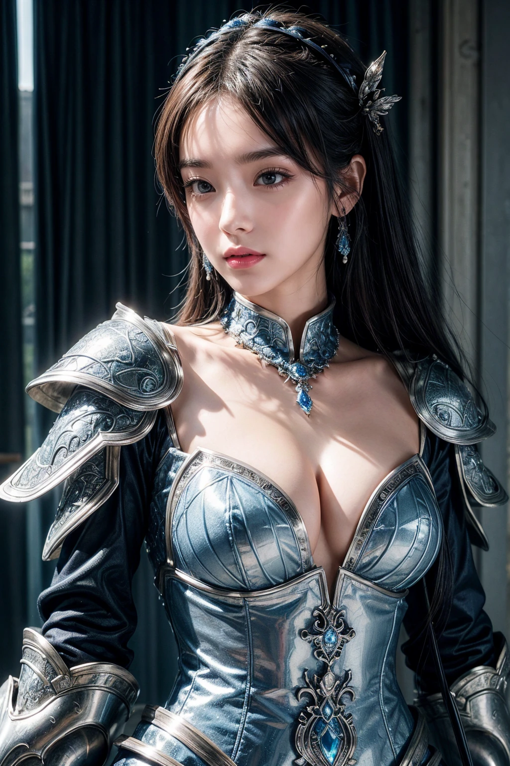 Close up of woman in silver and blue dress, Pan Chengwei on artstation, author:Yang J, Detailed fantasy art, Stunning character art, Fan Art Best Artstation, Epic and beautiful character art, Beautiful armor, Extremely detailed Artgerm, Detailed digital anime art, artstation pixiv download artgerm, Armor Girl