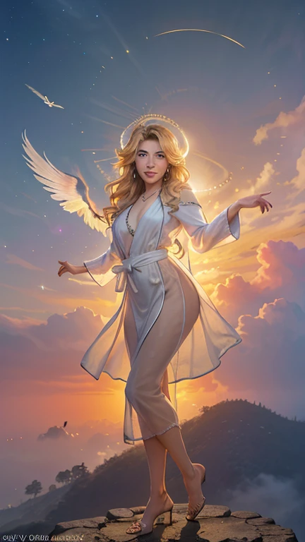 (Numerous award-winning masterpiece, with incredible detail, textures and maximum detail), (hyper realistic:1.4), (full-body standing image:1.7), (best quality real texture skin), (finely detailed true circle eyes), (finely Detailed and beautiful face that is out of this world:1.6), (Warm and gentle holy light pouring down strongly:1.4), ((medieval world)), (Divine Halo:1.6), (The warm look of the loving mother), (She has joy in her eyes and a happy smile on her face:1.3), (Opens mouth and laughs happily), (Beautiful eyes that sparkle and shine), (Dramatic Light), (in sky flying pose:1.9)(A majestic sight), Her expression is full of tenderness and beautiful, (Sacred radiance magic circle:1.4), (large wings with beautiful white feathers behind shoulders:1.3), (Wears a white see through robe with elaborate patterns:1.4), large whie  wings, Earrings with a sacred atmosphere of refined craftsmanship,  (((dramatic photo))), (Sunrise), (Sunset), (Sunny), ((dramatic pose)), (flamboyant photo), (golden hair),  (Around her neck is a simple necklace of exquisite workmanship), sky cloudy, Shining majestic cloud masses and sky, epic realistic, faded, art,  (art station:1.5), cinematic, ((neutral colors)), (hdr:1.5), (muted colors:1.2), hyper detailed, dramatic light, (intricate details:1.1), complex background,