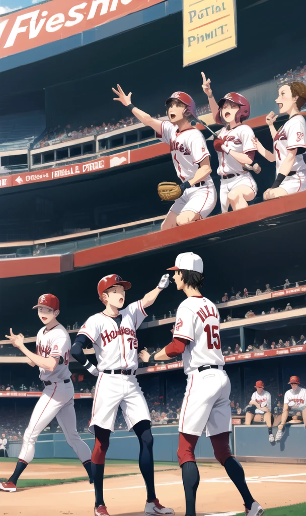 Five people celebrating a point scored at a baseball stadium