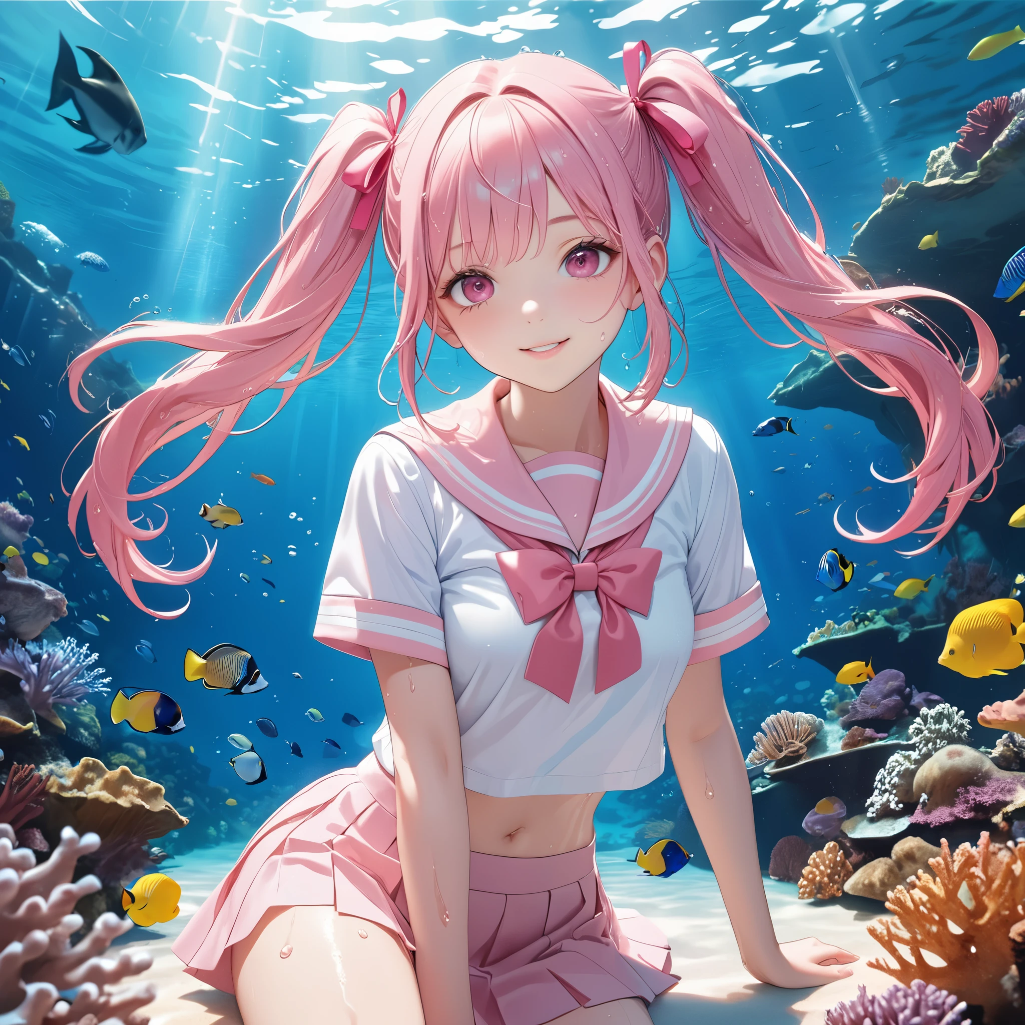(8k, masutepiece, Best Quality, Official art, beautiful detailed, beautiful lighting, best masterpiece in history that exceeds limits), (1 Girl, solo), (sixteen years old), (beautiful detailed face), (wet shiny white skin), (Beautiful big bust:1.3), (thighs, navel), (beautiful detailed pink twin tails hair, bangs:1.3), (beautiful detailed drooping pink eyes:1.5), (high school uniform:1.3), (wet patsel pink sailor collar, white short sleeves short length outing shirt, pastel pink pleated skirt, patsel pink ribbon:1.3), (happy smile:1.2), (dynamic angle, dynamic cut, Attractive, Look at the camera, cute pose), breathtaking scenery, (ultra detailed beautiful under the sea, tropical fish:1.2),