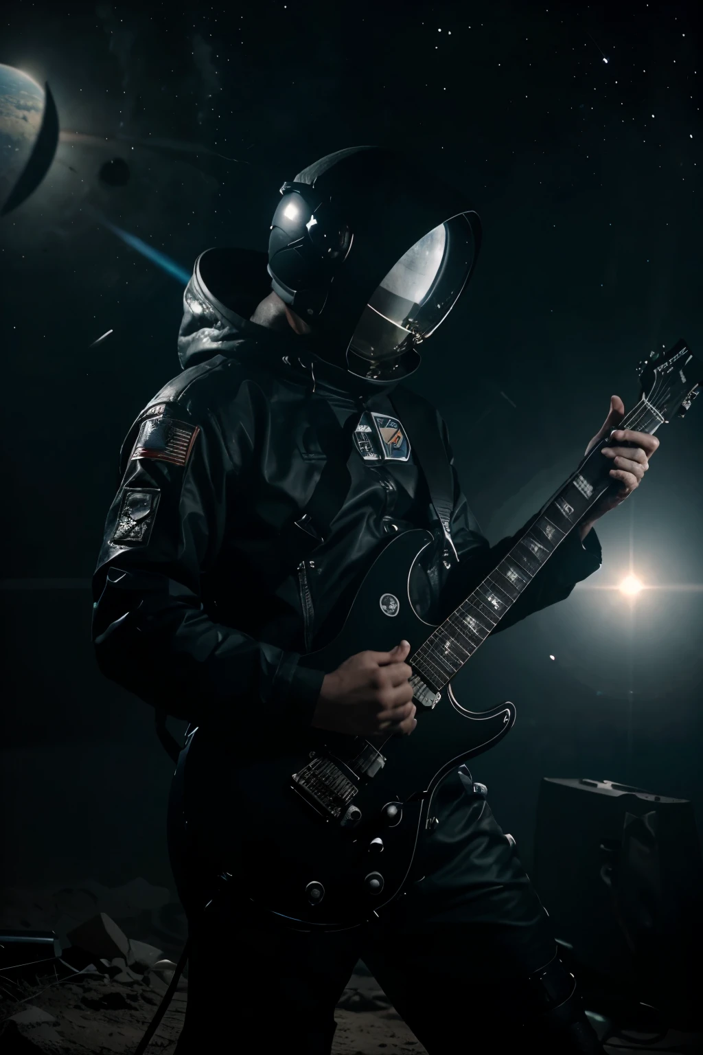 a man in a spacesuit plays an electric guitar on an unknown planet in black metal style