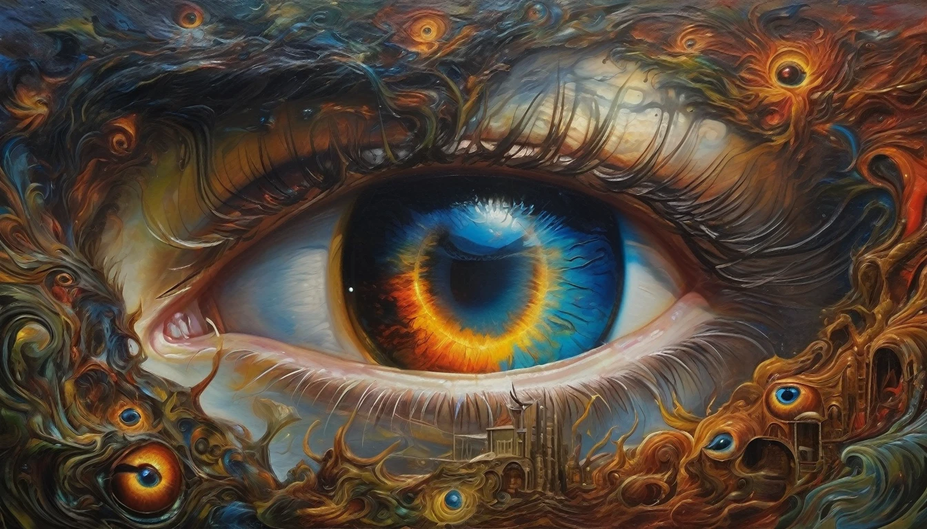 Devil's Eye imagination double exposition art paysager fantastique sombre, éclairage d'accentuation avec lumière soufflée, insane and complex details, bel oeil effrayant, superb detail of the oil painting,