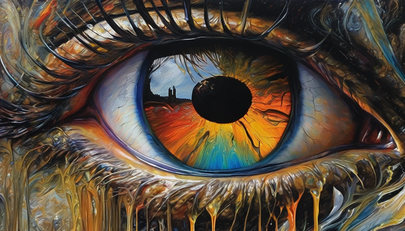 Devil's Eye imagination double exposition art paysager fantastique sombre, éclairage d'accentuation avec lumière soufflée, insane and complex details, bel oeil effrayant, superb detail of the oil painting,