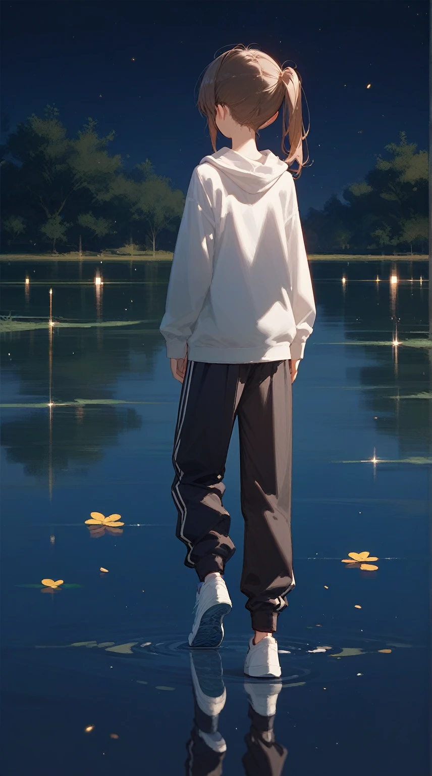 1 Girl,Brown side ponytail,Loose school uniform sweatshirt,trousers,Long sleeve,sports shoes,Vision,Back,Stand on the lake,Reflection,The person is the only light source,Night