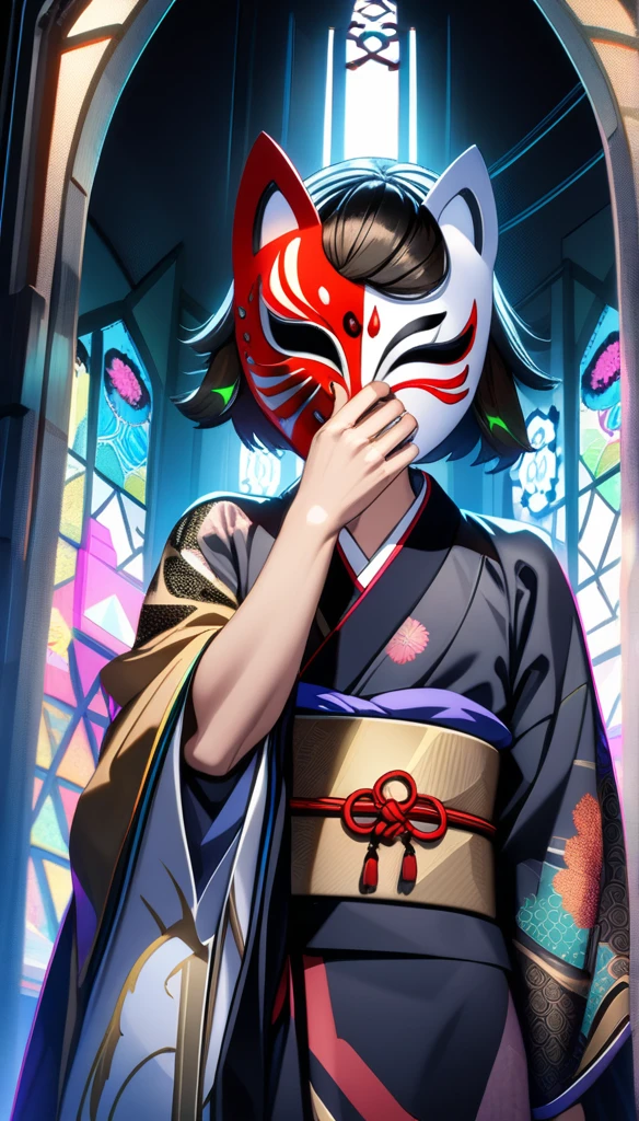 32k, best quality, ultra high res, HDR, UHD, extremely detailed CG, unity 32k wallpaper, a colorful Japanese animation style of a man with short bang hair holding a half-removed fox mask in his hand. The fox mask is golden and designed to cover the upper half of her face. He is dressed in a kimono with cyberpunk elements integrated into the design. His right hand is near his mouth, The background features a stained glass pattern with traditional Japanese motifs.