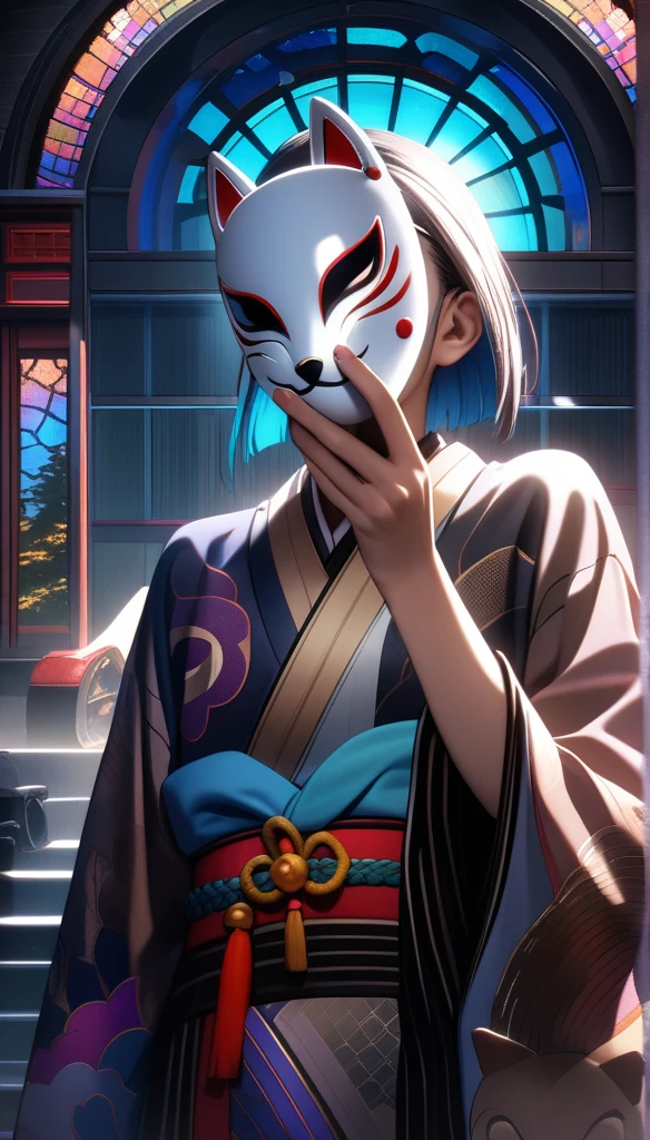 32k, best quality, ultra high res, HDR, UHD, extremely detailed CG, unity 32k wallpaper, a colorful Japanese animation style of a man with short bang hair holding a half-removed fox mask in his hand. The fox mask is golden and designed to cover the upper half of her face. He is dressed in a kimono with cyberpunk elements integrated into the design. His right hand is near his mouth, The background features a stained glass pattern with traditional Japanese motifs.